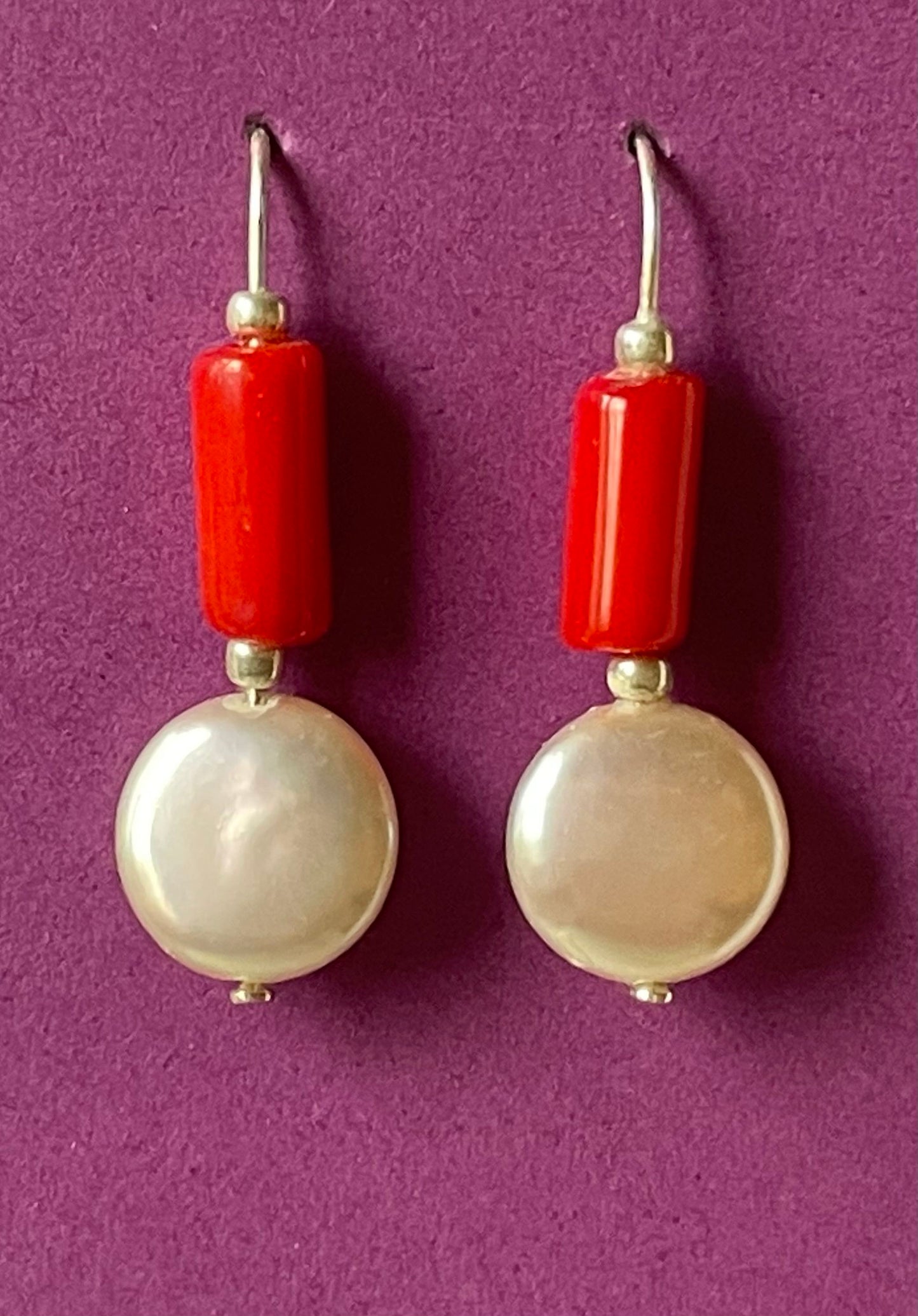 Fresh Water Coin Pearls With Red Coral Tubes and Silver Glass Beads On Short Sterling Silver wire