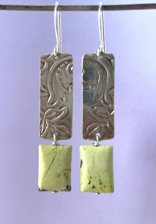 Yellow African Turquoise Rectangles on Embossed Silver Plate