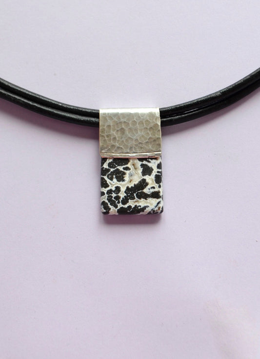 Wyoming Dendrite Agate Stone Necklace with Hammered Silver Plate Edging