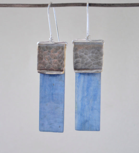Blue Kyanite Earrings with Hammered Silver Plate Edging
