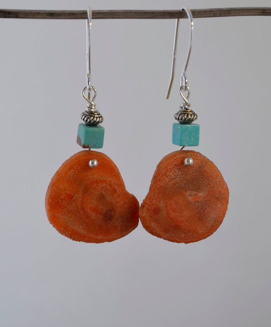 Orange Coral Slab Earrings with Elisa Tiny Square Turquoise