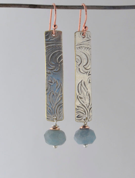 Faceted Aquamarine Earrings on Recycled Embossed Silver Plate With Rose Gold Wire