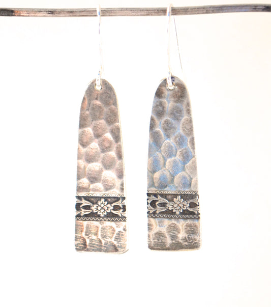 Hammered Embossed Silver Plate Earrings with Diamond Flower Detail
