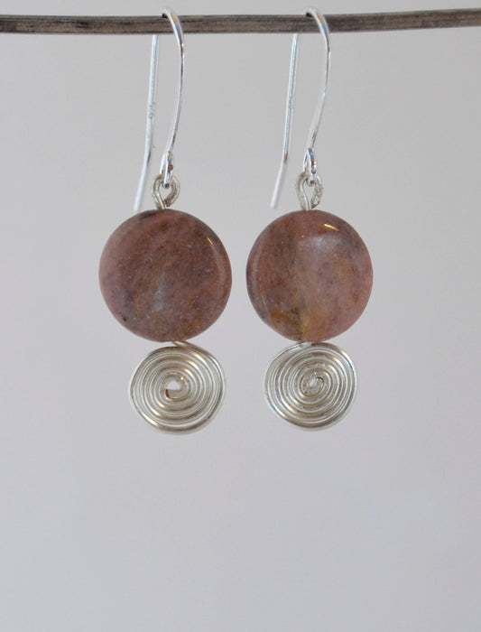 Rhodinite Coin Stone Earrings with Silver Spirals