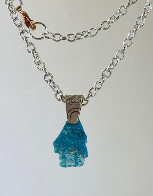 18.5 Necklace Rough-Cut Sleeping Beauty Turquoise with Embossed Silver Plate