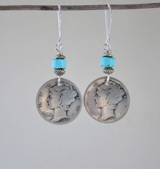 Vintage Mercury 1930s Silver Dimes Earrings with Nevada #8 Turquoise Heishi Bead