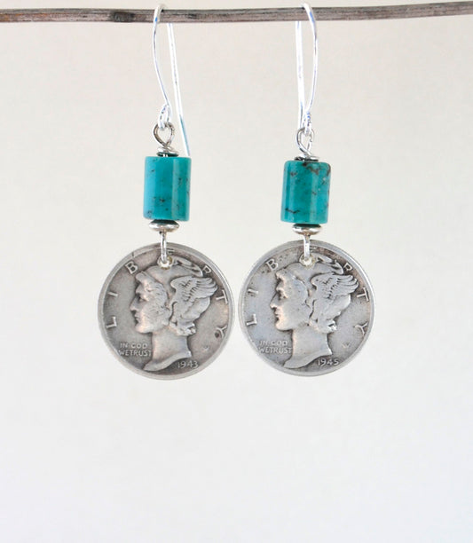 Vintage Mercury 1940s Silver Dimes Earrings with Campitos Turquoise Barrels