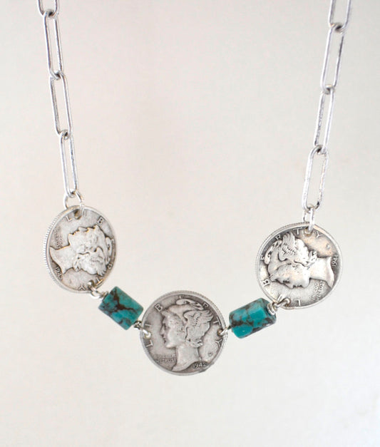 19" Necklace Trio of Vintage Mercury 1940s Silver Dimes and Campitos Turquoise Barrels
