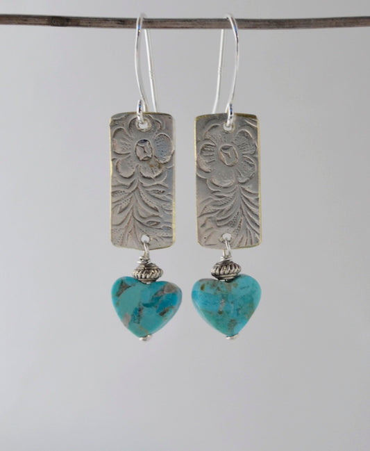 Kingman Turquoise Heart Earrings On Embossed Silver Plate