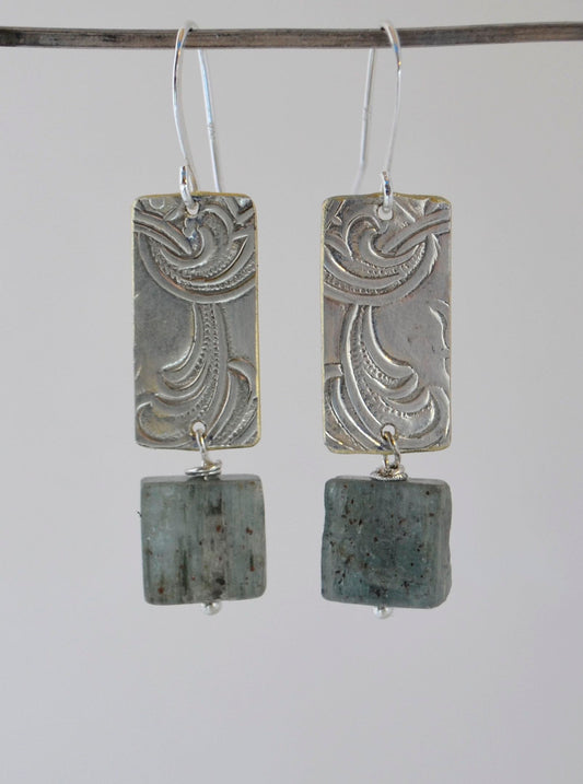 Sage Kyanite Square Stone Earrings on Embossed Silver Plate