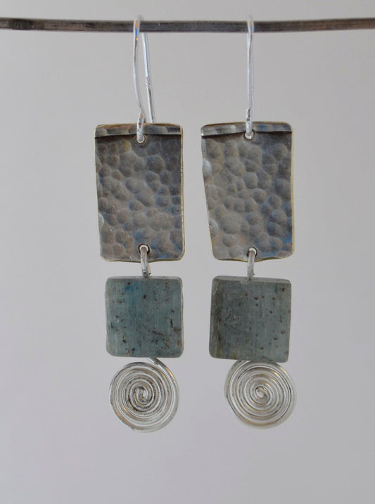 Sage Kyanite Square Stone Earrings on Hammered and Embossed Silver Plate