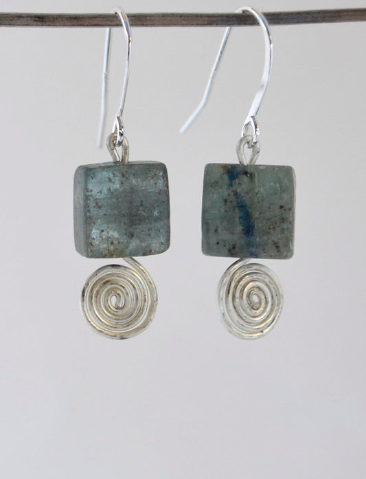 Sage Kyanite Square Stone Earrings and Silver Spirals with Silver Sterling wires