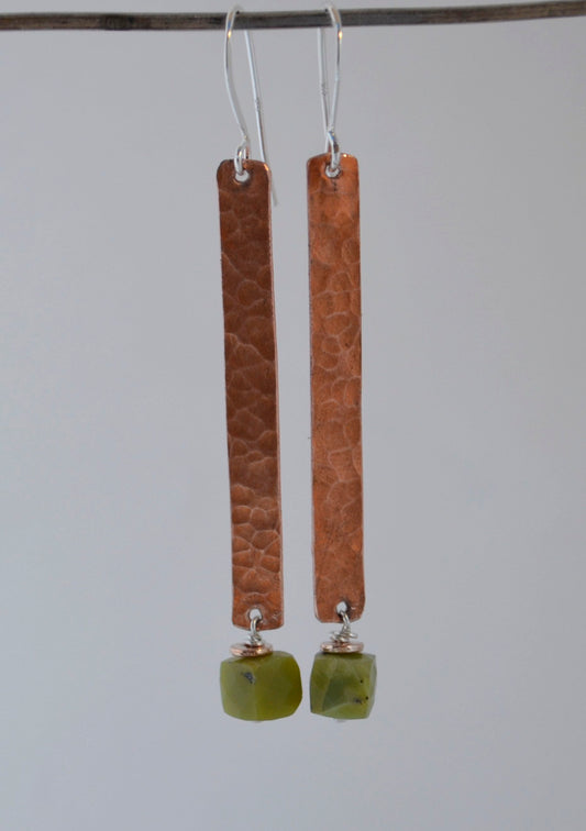 Yellow Green Jade Faceted Square Stone Earrings on Hammered copper strips