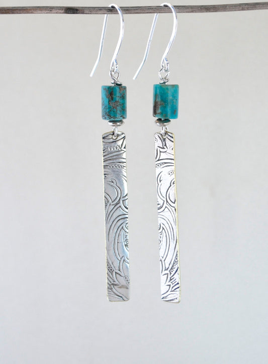 Campitos Turquoise Barrel Earrings on Embossed Silver Plate Strips