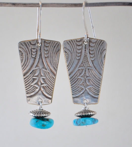 Kingman Turquoise Wafer Earrings on Embossed Silver Plate
