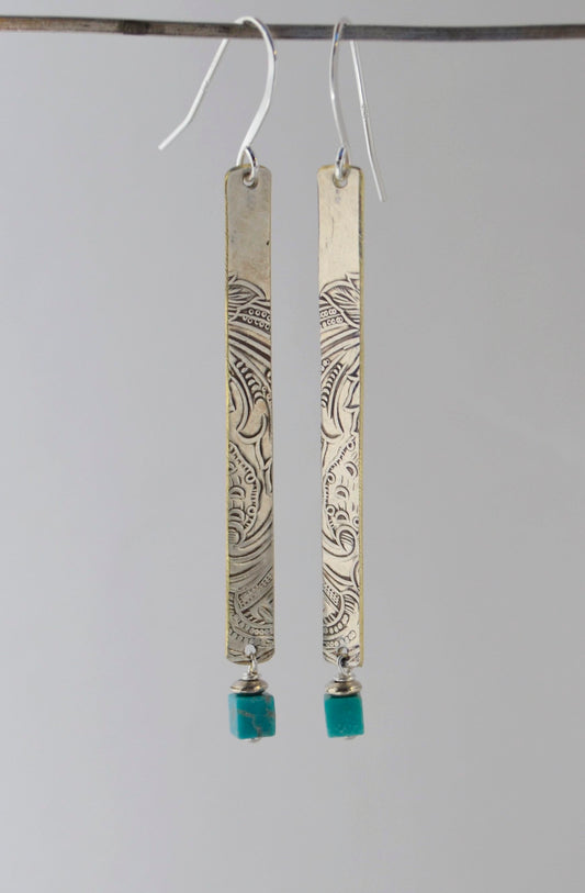 Nevada #8 Turquoise Heishi Earrings on Embossed Silver Plate Strips