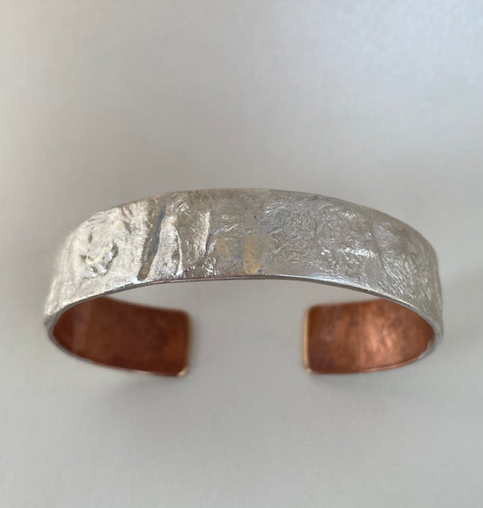 Bracelet Cuff of Reticulated Sterling Silver on Copper Bracelet