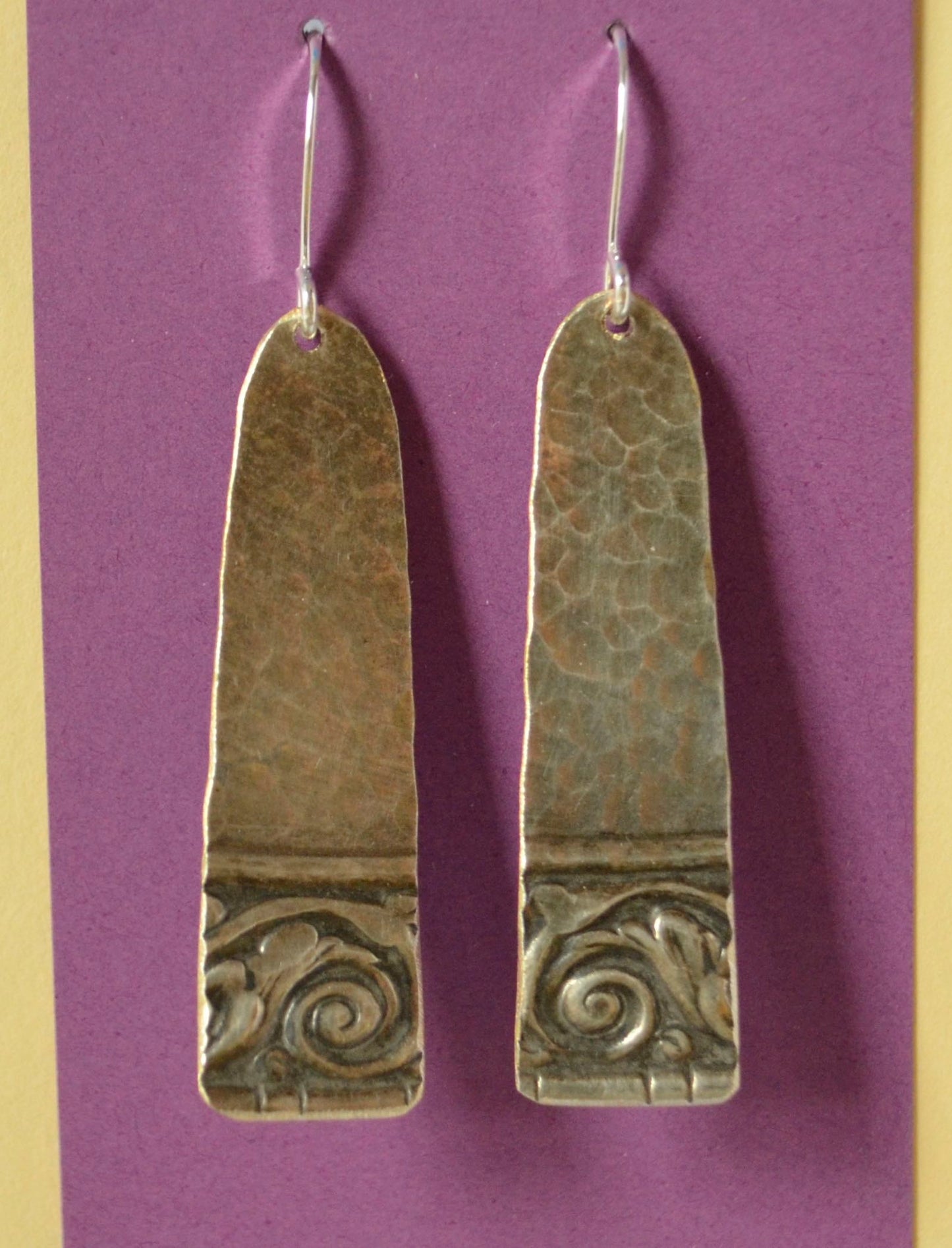 Hammered Silver Triangles with Embossed Spirals Earrings