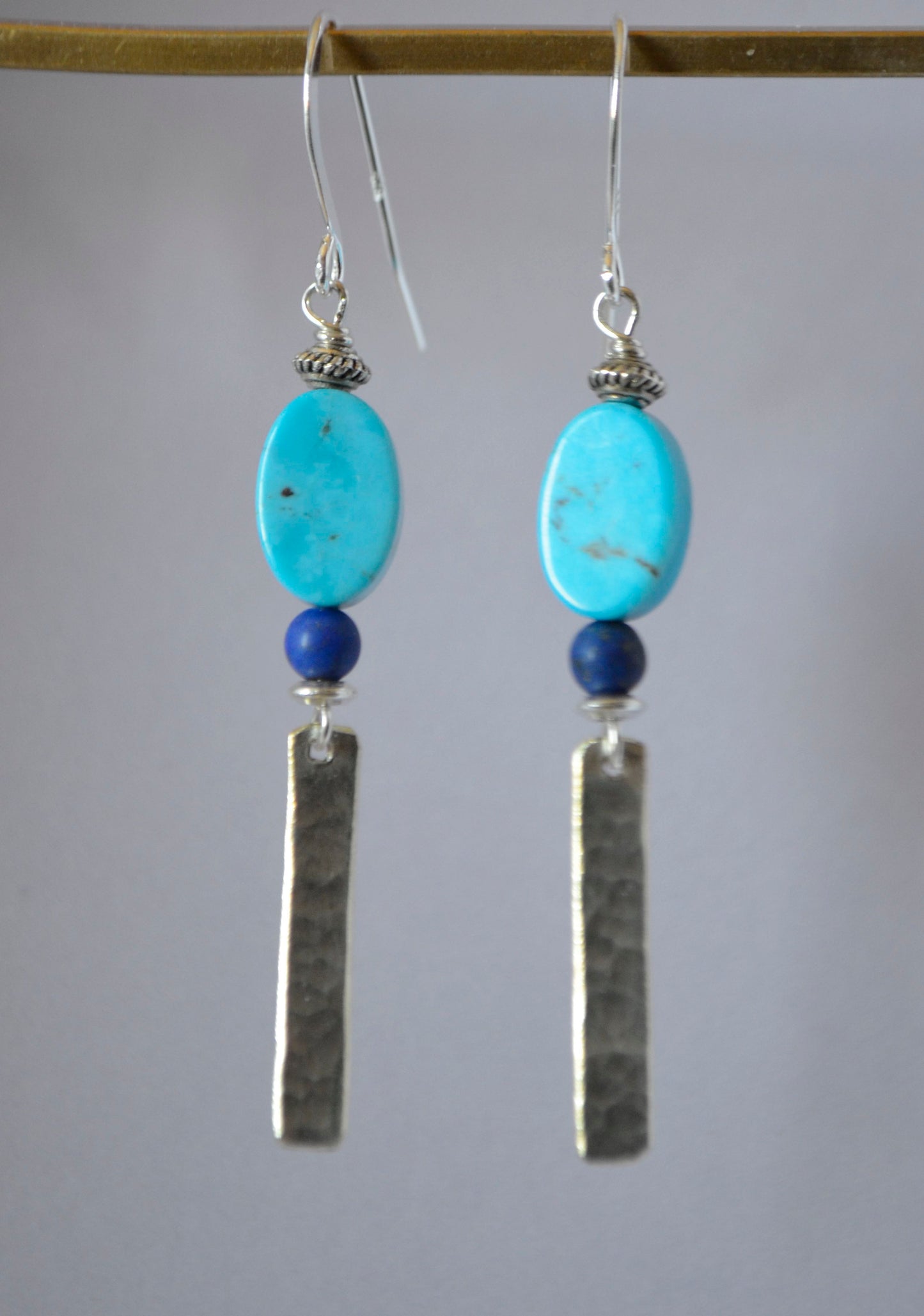 Nacazari Turquoise Oval Stones with Lapis Lazuli Balls on Hammered Silver Plate Strips with Sterling Silver Wire