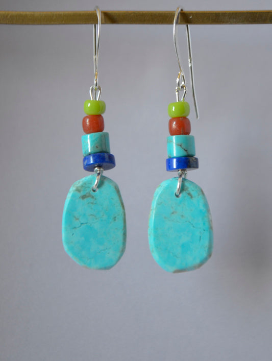 Kingman Turquoise Flat Disks with Lapis Lazuli, Vintage Glass Red Cast Beads & Yellow Glass Beads on Sterling Silver Wires