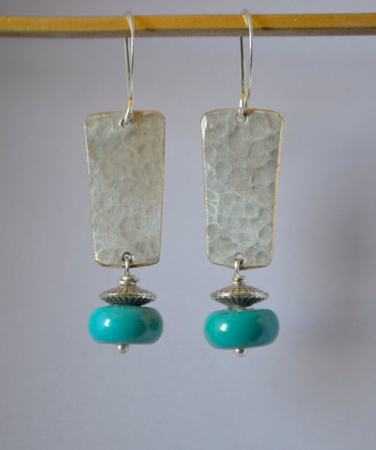 Turquoise Flat Pillow Stones on Hammered Silver Plate Rectangles with Sterling Silver Wires
