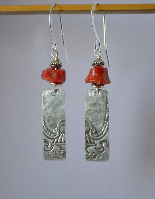Vintage Natural Branch Coral on Embossed & Hammered Silver Plate (recycled) with Sterling Silver Wires