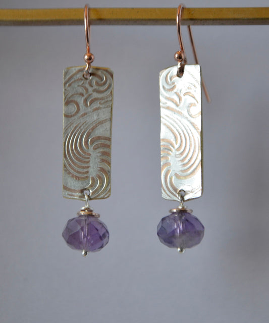 Faceted Amethyst Pillow Crystals on Embossed Silver Plate with Copper Highlights (recycled) on Rose Gold Wires