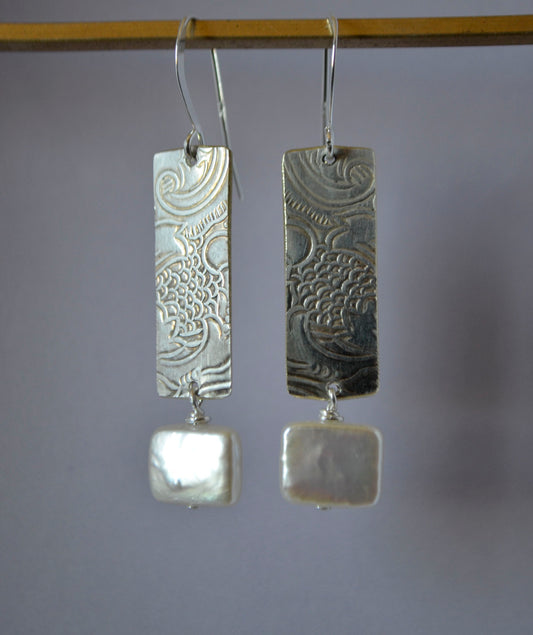 Fresh water Rectangle Pearls on Embossed Silver Plate (recycled) with Sterling Silver Wires
