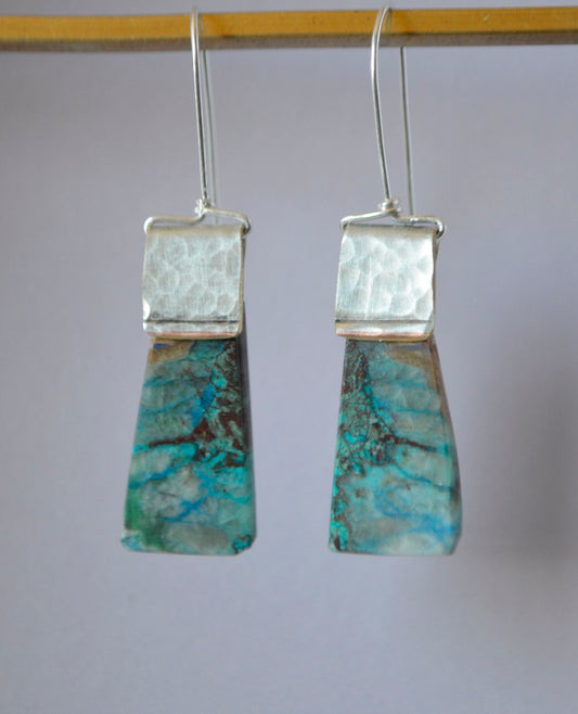 Chrysocolla Stone Triangles on Hammered Silver Plate Edging (recycled) with Sterling Silver Wires