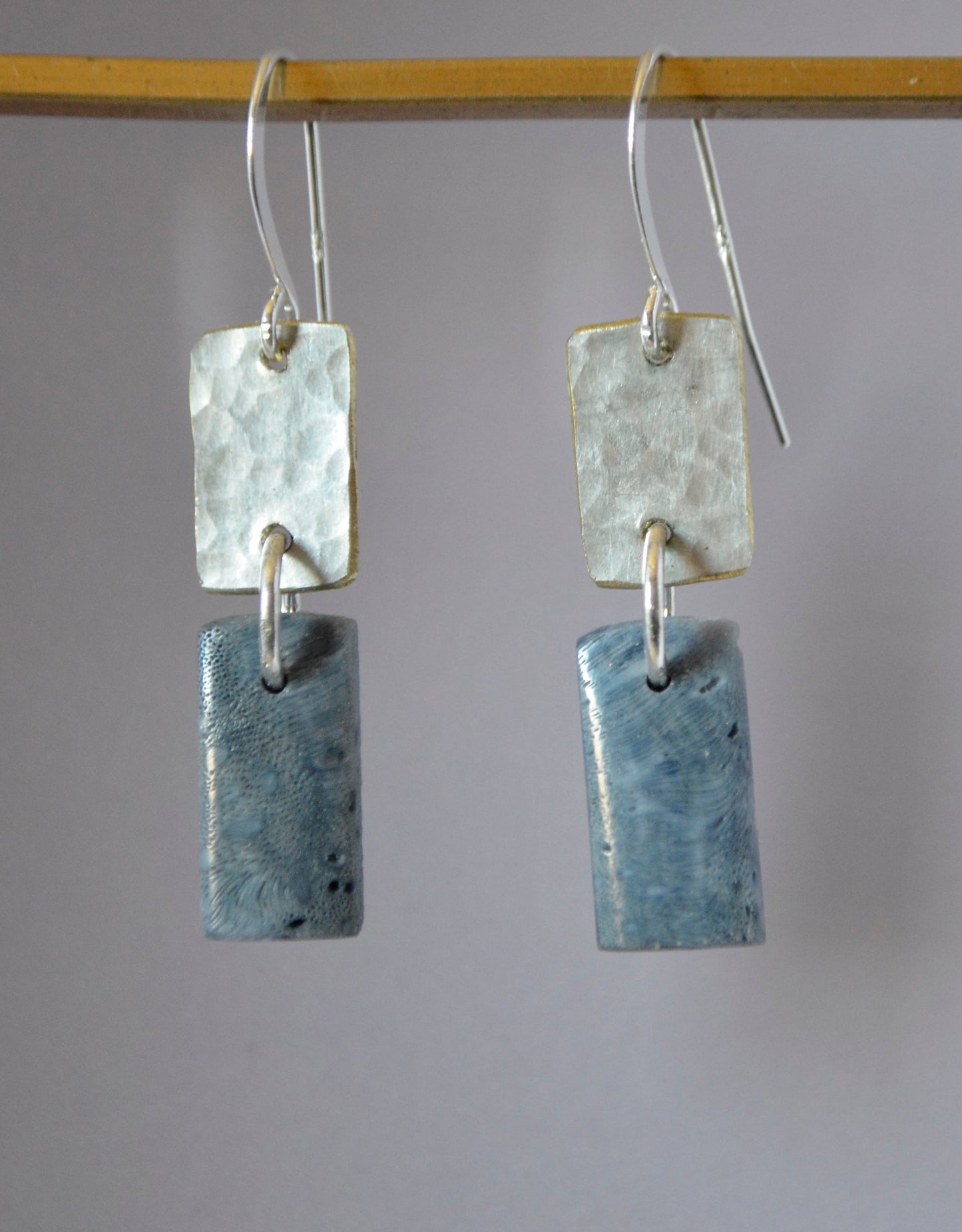 Blue Coral Small Rectangles Hung on Hammered Silver Plate Rectangles with O Rings with Sterling Silver wires
