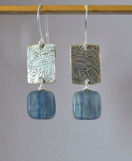 Blue Square Kyanite on Embossed Silver Plate (recycled) with Sterling Silver Wires