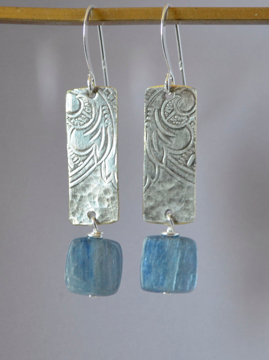 Blue square Kyanite Stones on Embossed Silver Plate (recycled) with Sterling Silver Wires