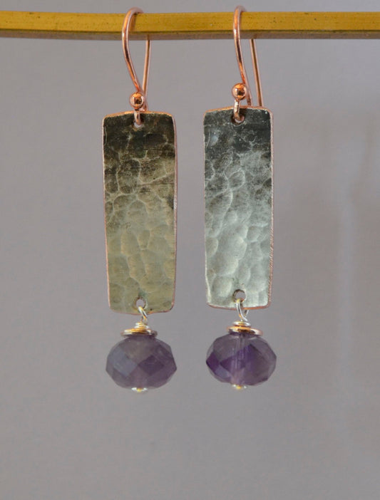 Faceted Amethyst Pillow Crystal with Copper Disks on Hammered Silver Plate with Rose Gold Wire