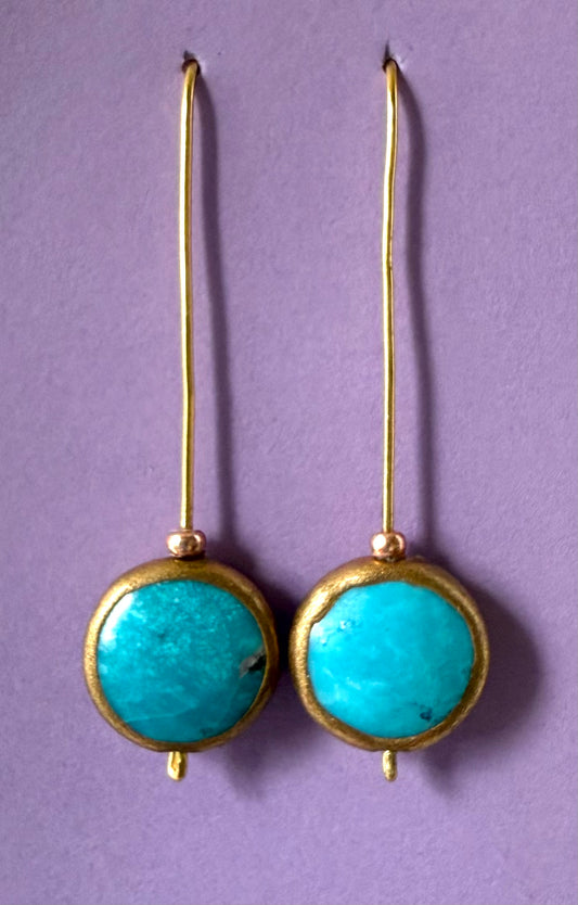 Turquoise Pillow Stone with Copper Gold Edging Earrings Long Wires