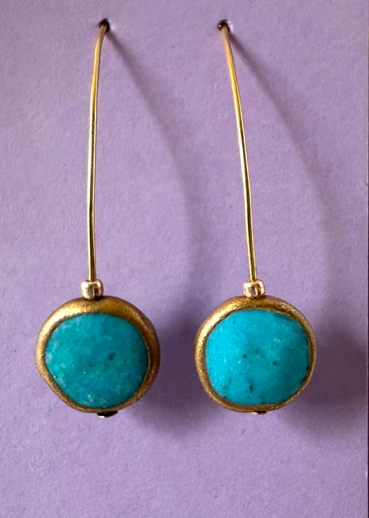 Turquoise Pillow Stone with Copper Gold Edging Earrings Curved Wires