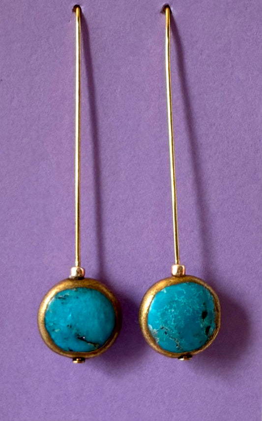 Turquoise Pillow Stone with Copper Gold Edging Earrings Extra Long Wires