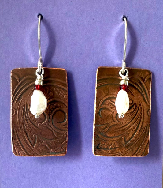 Embossed Copper Rectangles with Seed Pearl and Ruby Glass Beads Earrings