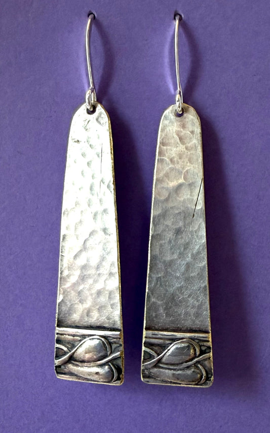 Hammered And Embossed Silver Plate Triangle with Tulip Leaf Earrings
