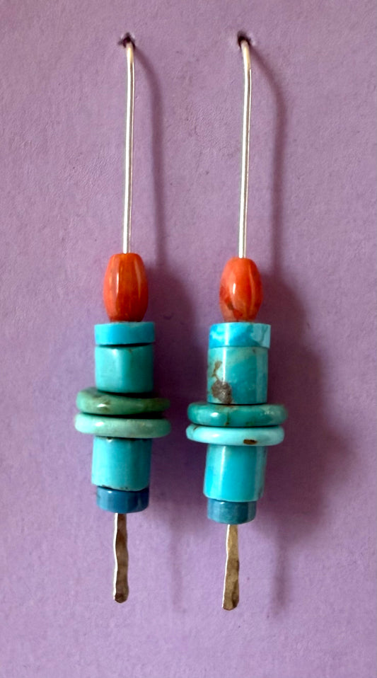 Kingman Chinese and Elisa Turquoise with Orange Coral Earrings