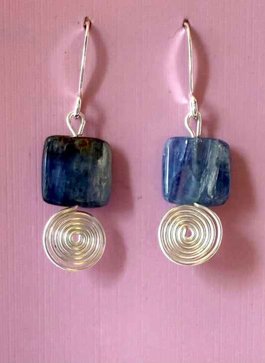 Blue Kyanite Squares with Silver Spirals Earrings