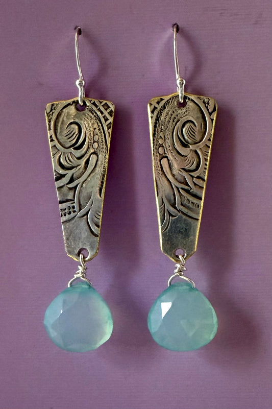 Faceted Chalcedony Stones on Embossed Silver Plate Traingles Earrings