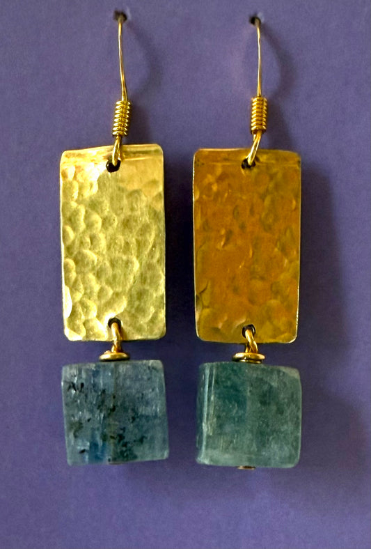 Sage Kyanite Squares on Hammered Brass Earrings