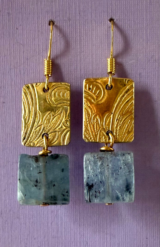 Sage Kyanite Squares on Embossed Brass Earrings