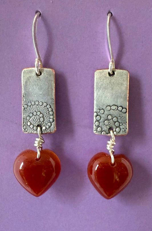 Carnelian Hearts on Embossed Silver Plate Earrings