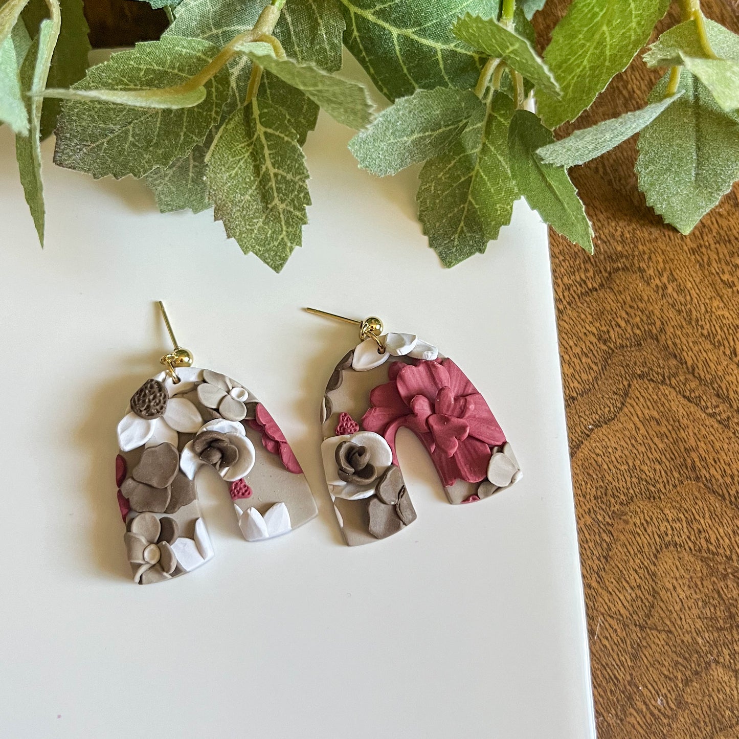 " Maroon and Brown Floral " Polymer Clay Stud Earrings