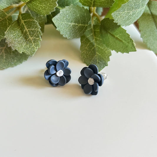" Navy Blue Floral " Polymer Clay Stud Earrings