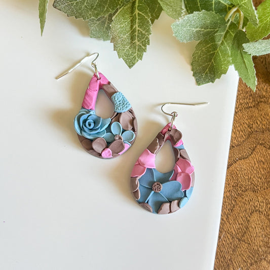 " Teal and Pink Teardrop " Polymer Clay Earrings