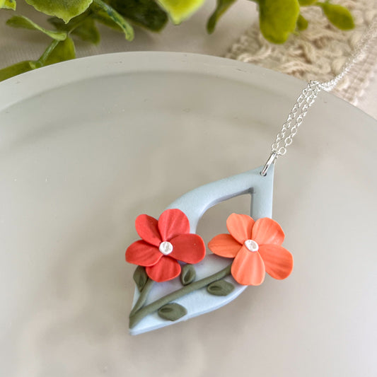 " Orange Flower Pendant " Polymer Clay Necklace