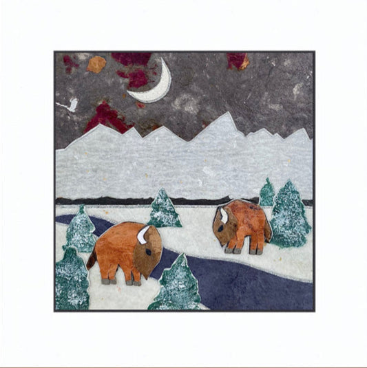 " Teton Winter Crescent Moon Bison " Paper Collage Art
