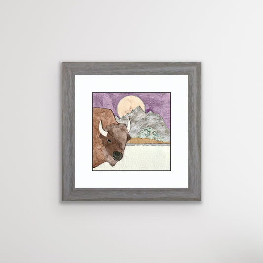 " Teton Purple Moonset Bison " Paper Collage Art
